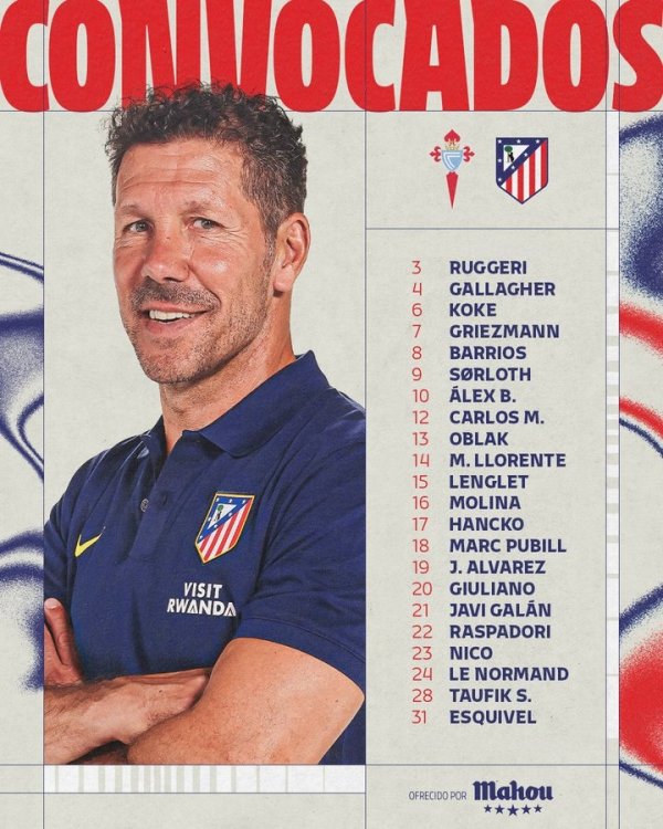 马竞对塞尔塔名单:阿尔瓦雷斯、格列兹曼领衔,穆索身体不适缺席 马竞对塞尔塔名单:阿尔瓦雷斯、格列兹曼领衔,穆索身体不适缺席